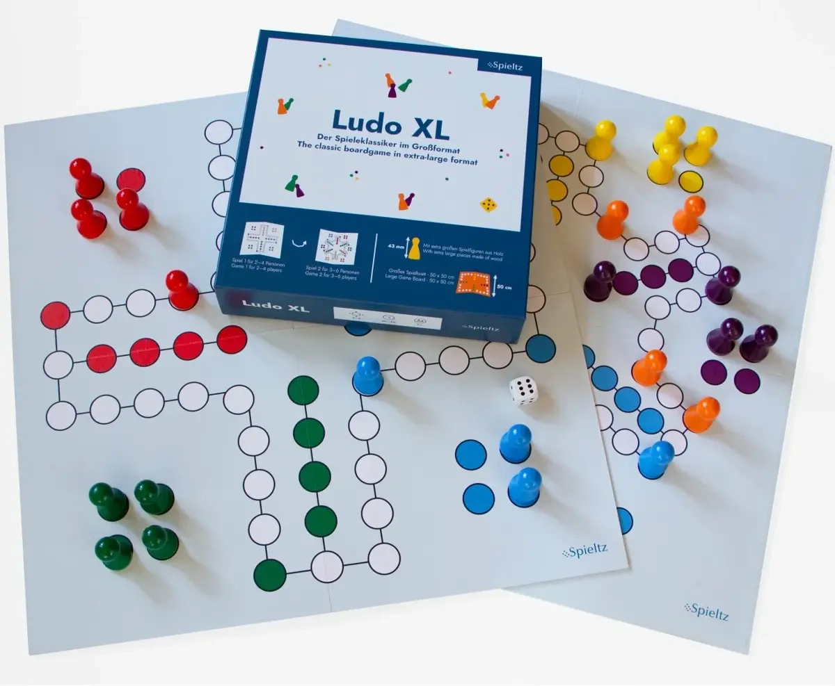 LUDO XL - 2 Spiele im Grossformat + extra grosse Spielfiguren aus Holz