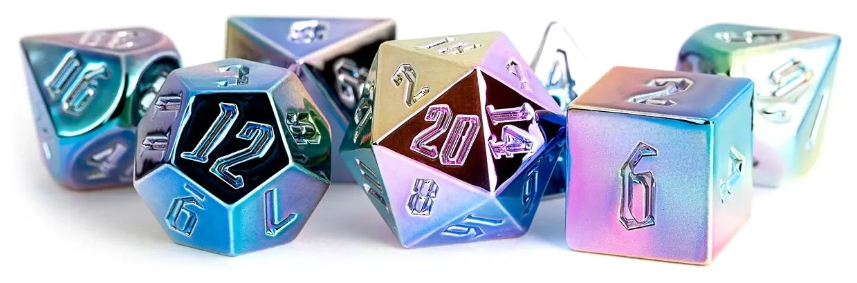 16mm Aluminum Plated Acrylic Poly Dice Set: Rainbow Aegis Uninked