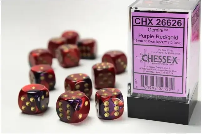 Dice Sets Purple-Red/Gold Gemini 16mm d6 (12)