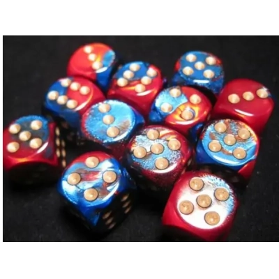 Gemini 16mm d6 with pips Dice Blocks (12 Dice) - Blue-Red w/gold