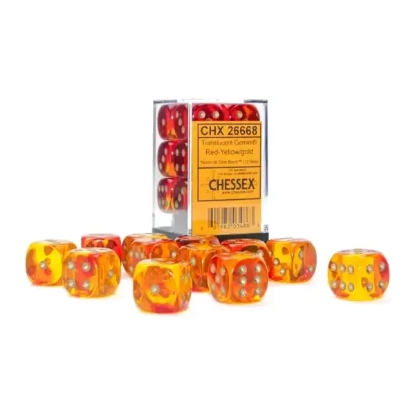 Gemini 16mm d6 Translucent Red-Yellow/gold Dice Block (12 dice)