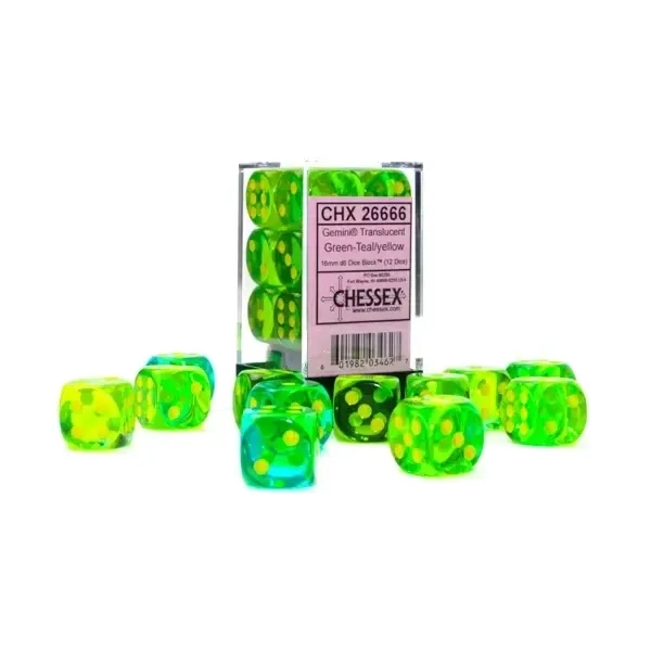 Gemini 16mm d6 Translucent Green-Teal/yellow Dice Block (12 dice)