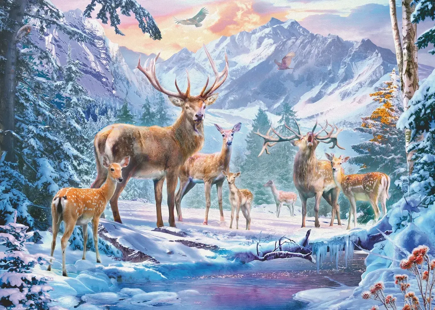 Rehe und Hirsche im Winter