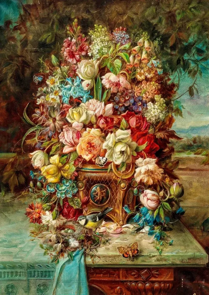 Flowers Still Life with Blue Tit