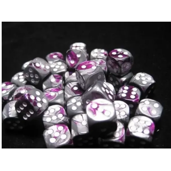 Chessex Gemini 12mm d6 Dice Blocks with pips Dice Blocks (36 Dice) - Purple-Steel w/white