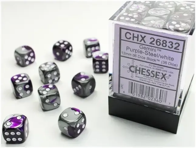 Chessex Gemini 12mm d6 Dice Blocks with pips Dice Blocks (36 Dice) - Purple-Steel w/white