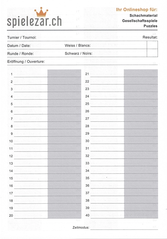 Schach-Partieformulare - Block à 100 Blatt