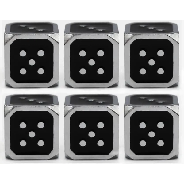 12mm Metal Pip D6 Dice Black Silver (6)