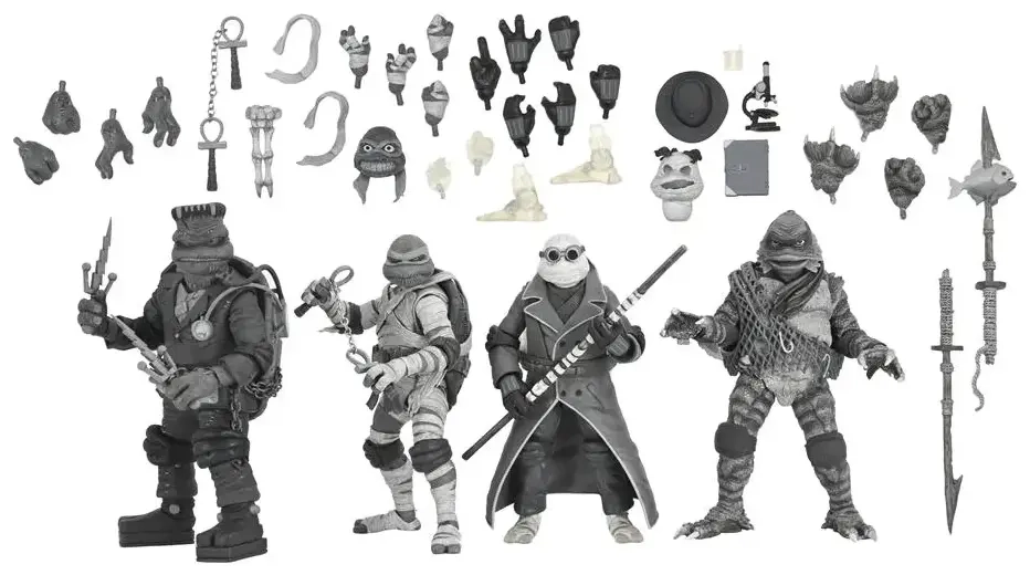 Universal Monsters x TMNT - 7” Scale Action Figure - 4 Pack Turtles Black & White