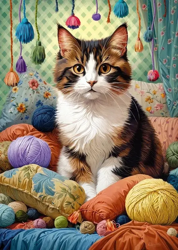 Niedliche Katze mit Wollknäuel