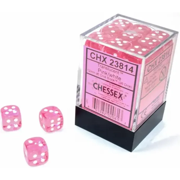 Chessex Translucent Pink/white 12mm d6 Dice Block (36 dice)