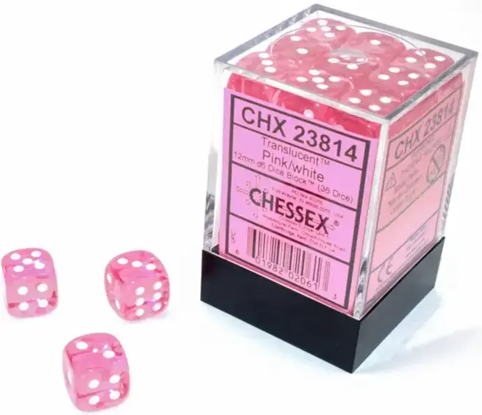 Chessex Translucent Pink/white 12mm d6 Dice Block (36 dice)
