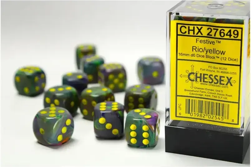 Festive Rio/yellow 16mm d6 Dice Block (12 dice) (Blacklight compatible)