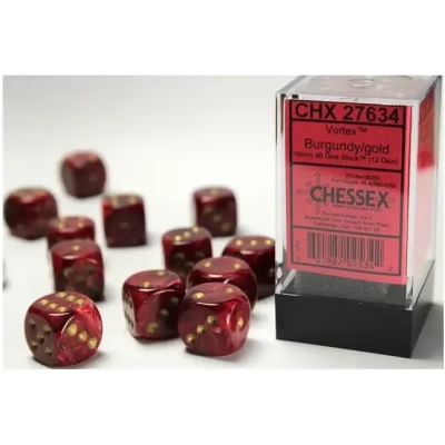 16mm d6 with pips (12 Dice Block) - Vortex Burgundy w/gold