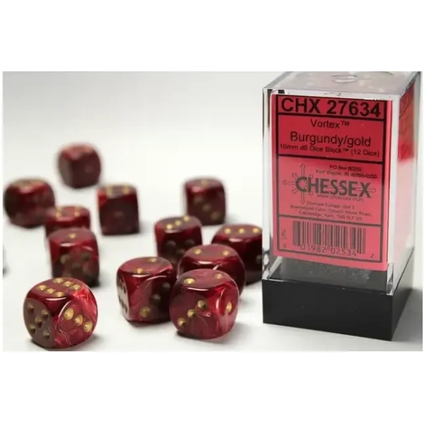 16mm d6 with pips (12 Dice Block) - Vortex Burgundy w/gold