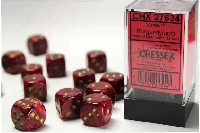 16mm d6 with pips (12 Dice Block) - Vortex Burgundy w/gold