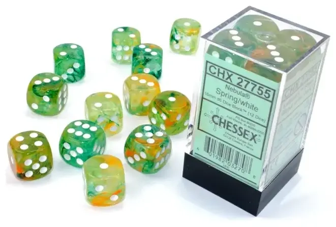 16mm d6 with pips (12 Dice Block) - Nebula TM 16mm d6 Spring/white Luminary Dice Block