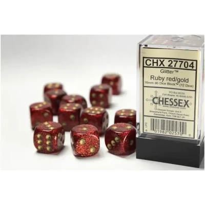 16mm d6 with pips (12 Dice Block) - Glitter Polyhedral Ruby/gold