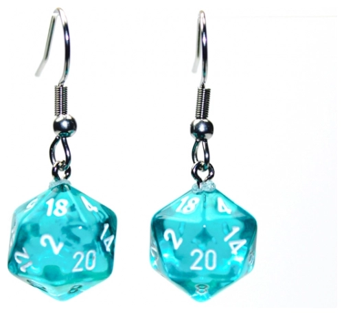 Chessex Hook Earrings Translucent Teal Mini-Poly d20 Pair