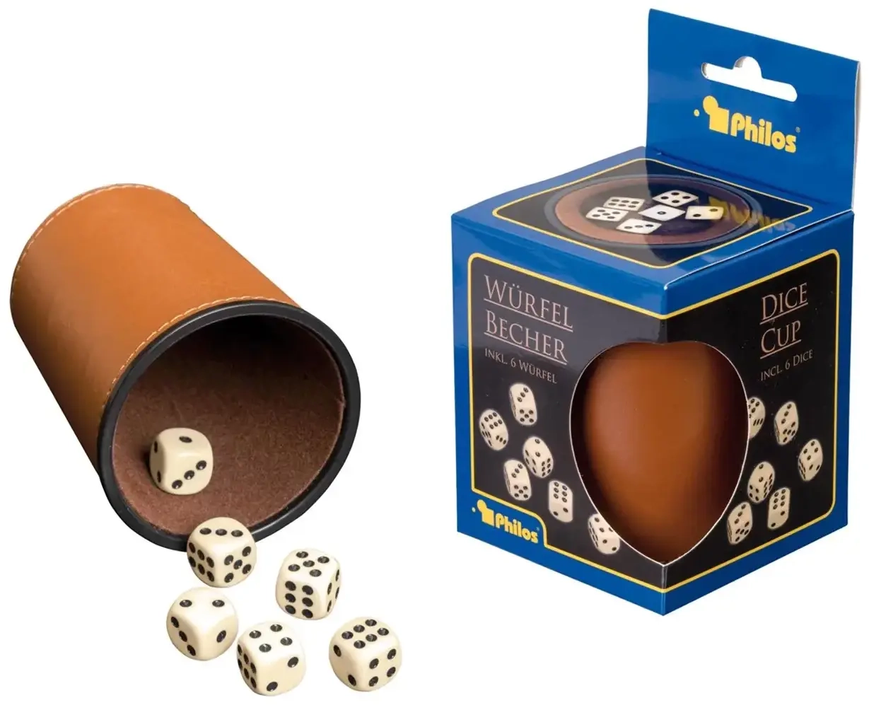 Würfelbecher inkl. 6 Würfel - Kunstleder - braun