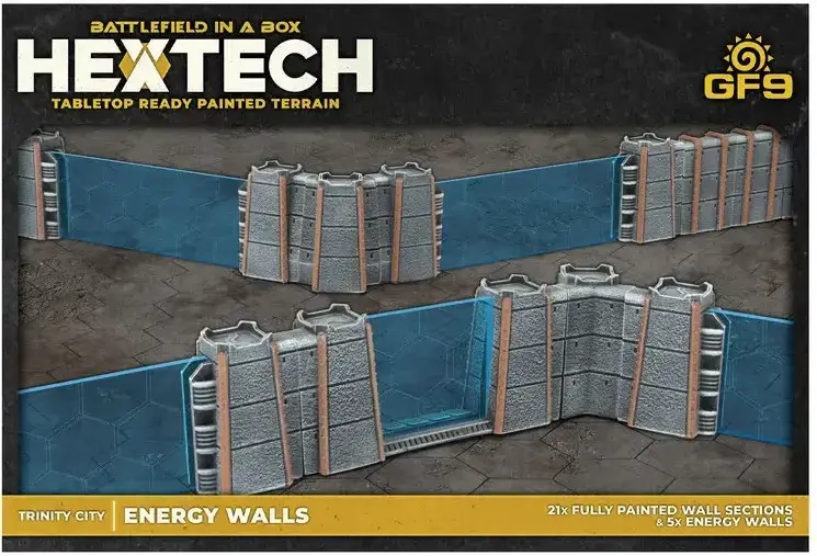 HexTech - Battlefield in a Box Terrain: Trinity City Energy Walls (x26) - Grey/Blue