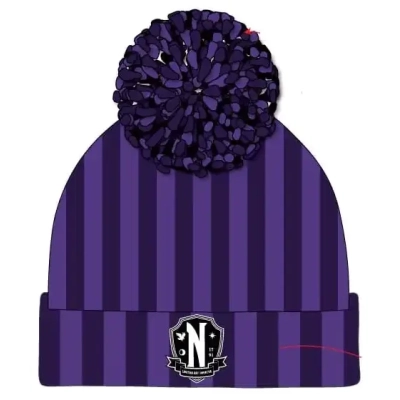 Wednesday Pom-Pom Beanie Nevermore Logo