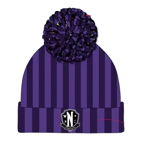 Wednesday Pom-Pom Beanie Nevermore Logo