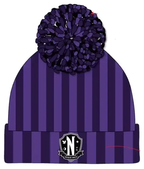 Wednesday Pom-Pom Beanie Nevermore Logo