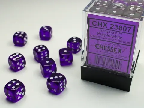 Dice Sets Purple/White Translucent 12mm d6 (36)