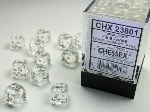 Translucent 12mm d6 with pips Dice Blocks (36 Dice) - Clear w/white