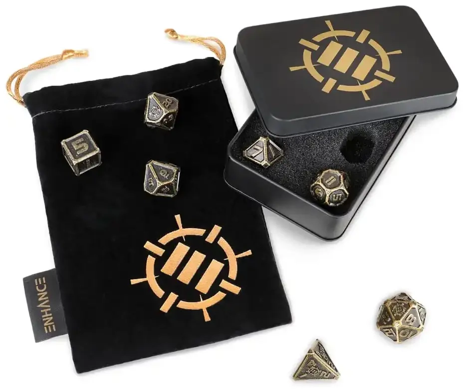 ENHANCE Tabletop RPGs 7pc DnD Metal Dice Set with Case and Dice Bag