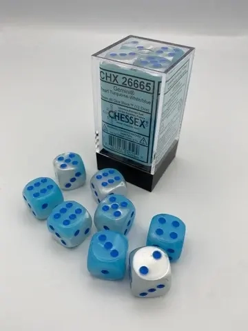 Gemini 16mm d6 Pearl Turquoise-White/blue Luminary Dice Block (12 dice)