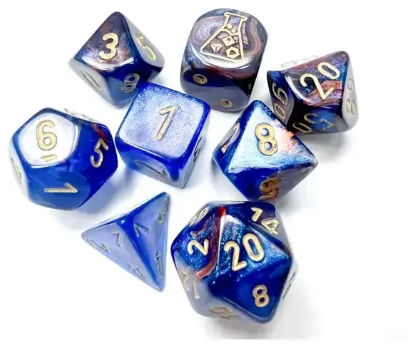 Lustrous Polyhedral Azurite/gold 7-Die Set (with bonus die)