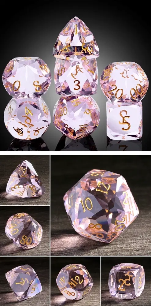 Faceted Glass Dice Set (7) Pink Diamond