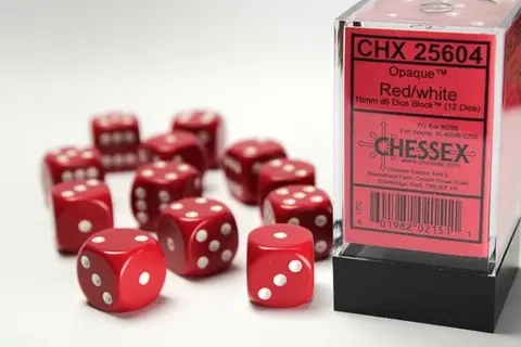 Opaque 16mm d6 Red/white Dice Block™ (12 dice)