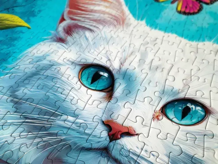 Weisse Katze mit Schmetterlingen