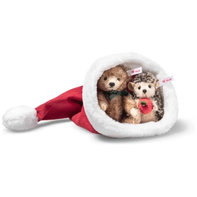 Igel und Teddybär in Weihnachtsmütze - 14 cm