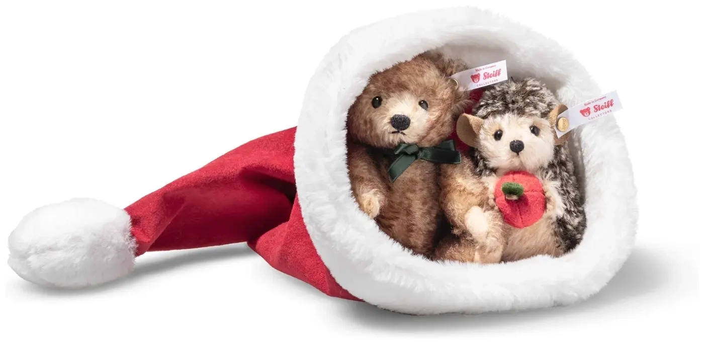 Igel und Teddybär in Weihnachtsmütze - 14 cm