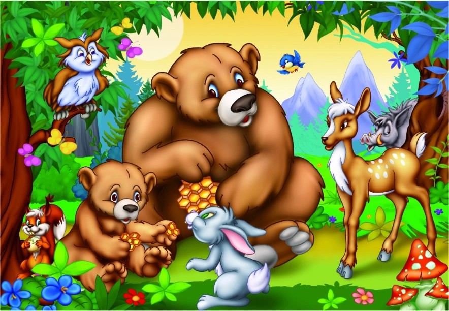 Familie Bär mit anderen Tieren aus dem Wald