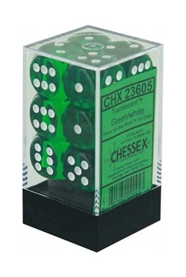 Translucent 16mm d6 Green/white Dice Block (12 dice)
