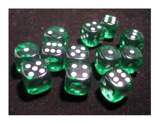 Translucent 16mm d6 Green/white Dice Block (12 dice)