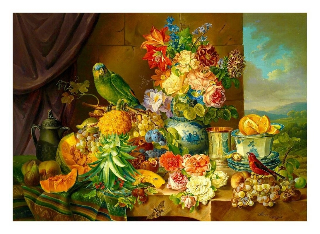 Still Life with Fruit Flowers and Parrot - Josef Schuster