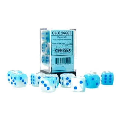 Gemini 16mm d6 Pearl Turquoise-White/blue Luminary Dice Block (12 dice)