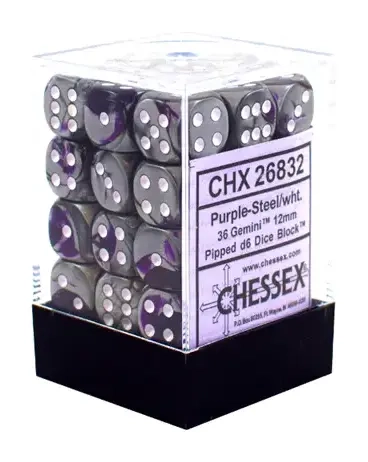 Chessex Gemini 12mm d6 Dice Blocks with pips Dice Blocks (36 Dice) - Purple-Steel w/white
