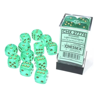 Borealis 16mm d6 Light Green/gold Luminary Dice Block (12 dice)