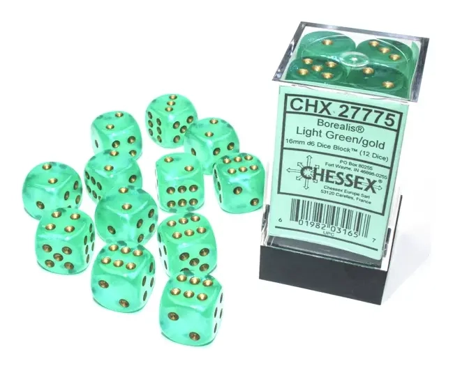 Borealis 16mm d6 Light Green/gold Luminary Dice Block (12 dice)