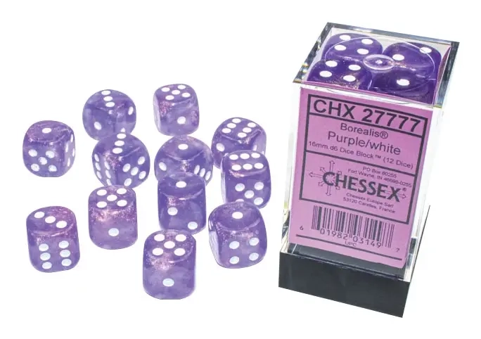 Borealis 16mm d6 Purple/white Luminary Dice Block (12 dice)