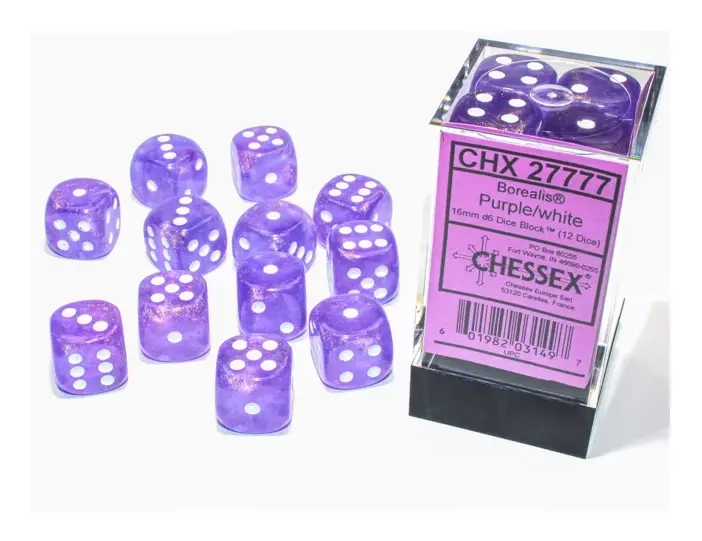 Borealis 16mm d6 Purple/white Luminary Dice Block (12 dice)