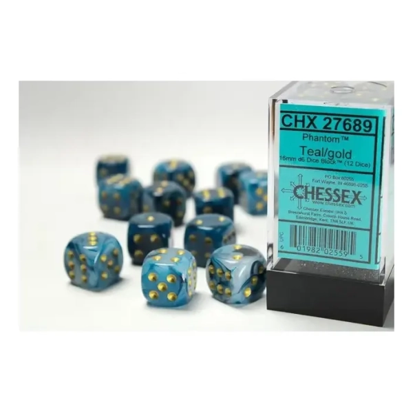 16mm d6 with pips Dice Blocks (12 Dice) - Phantom Teal w/gold