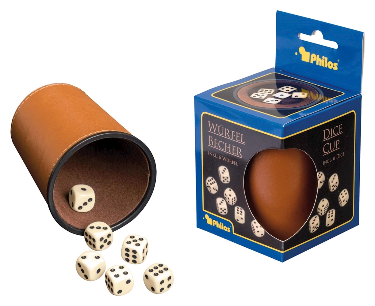 Würfelbecher inkl. 6 Würfel - Kunstleder - braun